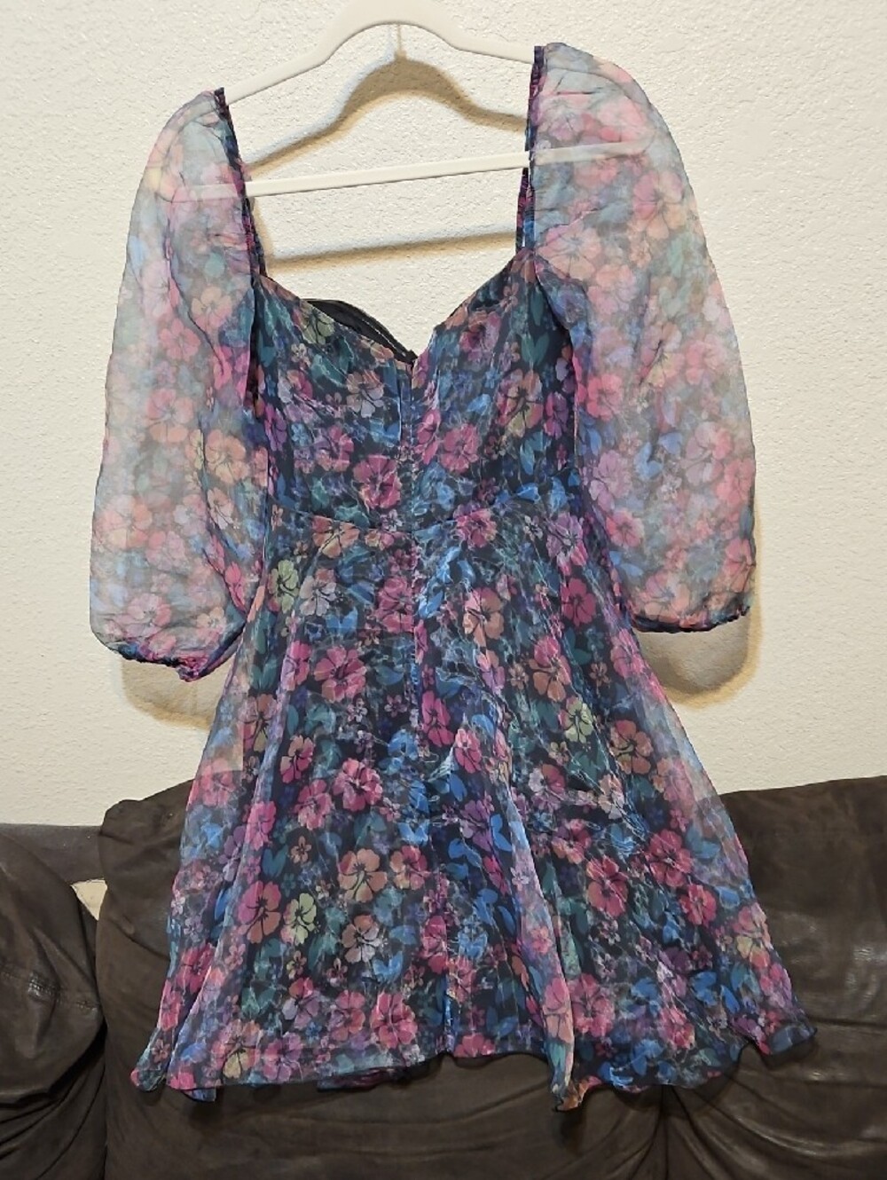 Sheer Floral Puff-Sleeve Mini Dress in Blue & Pink - Picture 4 of 9